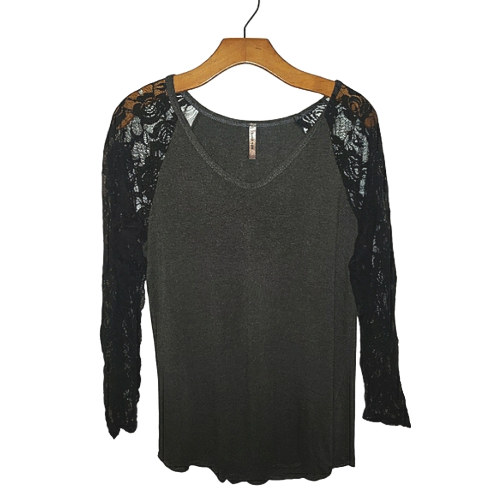 Goo Yoo Sheer Floral Black Lace Raglan Sleeves High Low Hem Gray Tunic Top M/L - Picture 11 of 16